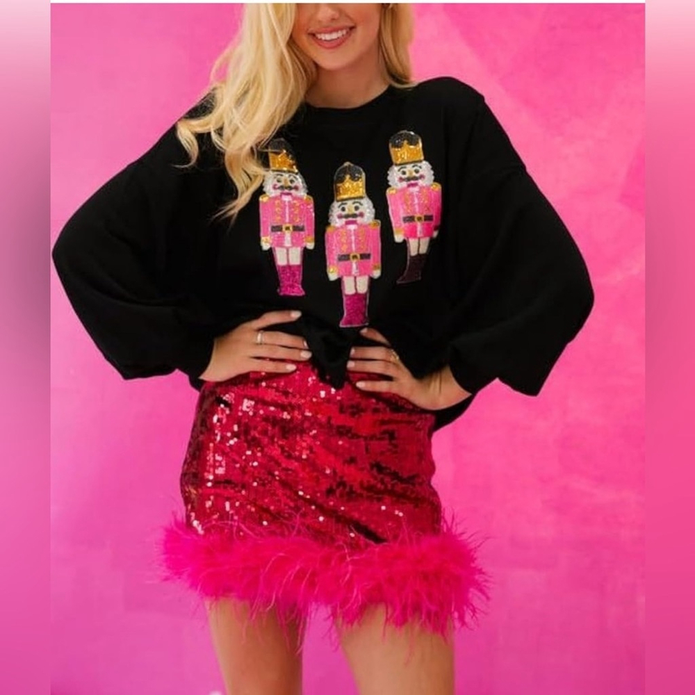 NEW Santa Christmas Sparkly Sequin Crewneck Long Sleeve Pullover Sweatshirt S